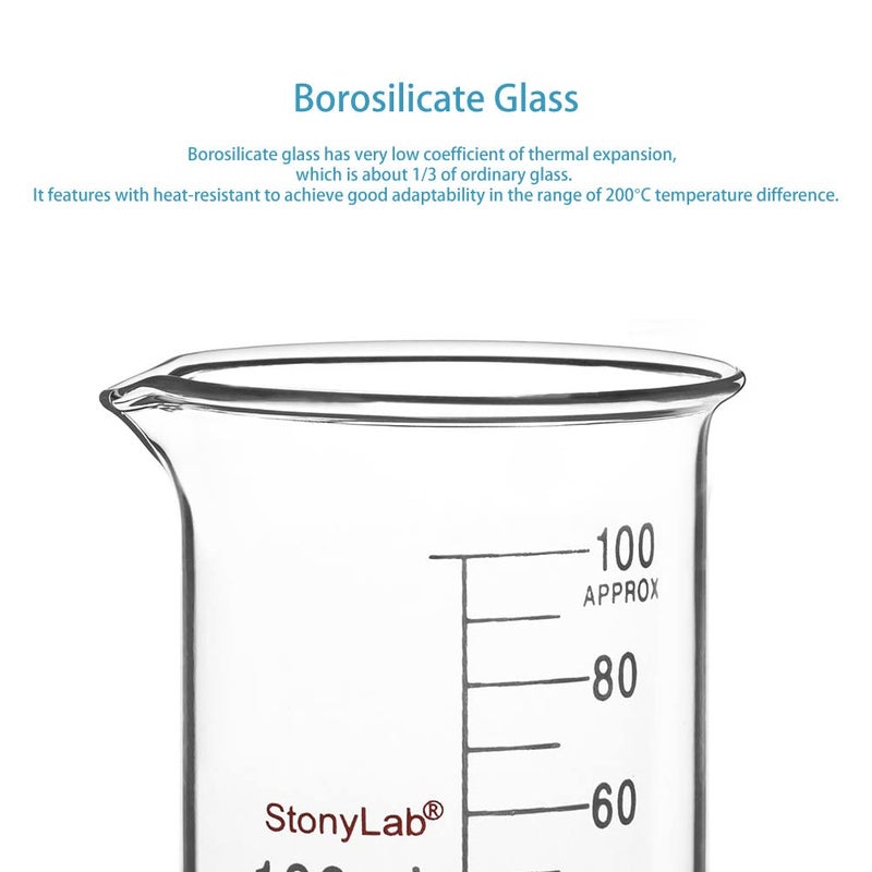 stonylab كوب زجاجي 1 عبوة زجاج بوروسيليكات متدرج شكل منخفض كوب غريفين مع فوهة صب، 100 مل - Image 2